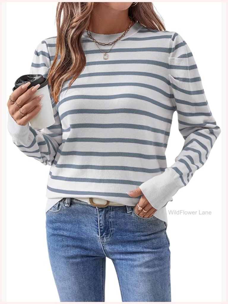 Women's Striped Puff Long Sleeve Knit Pullover Sweater Crew Neck